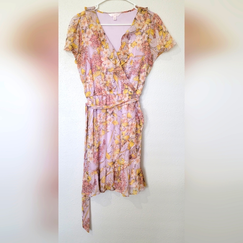 Lauren Conrad  pink and yellow dress with flutter sleeves size small